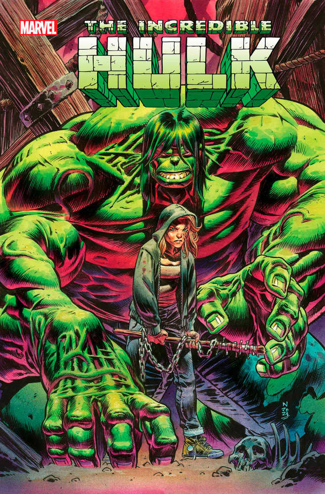 Comic book cover featuring "The Incredible Hulk" with a woman holding a spiked bat. Green Hulk, grim expression, horror-themed.