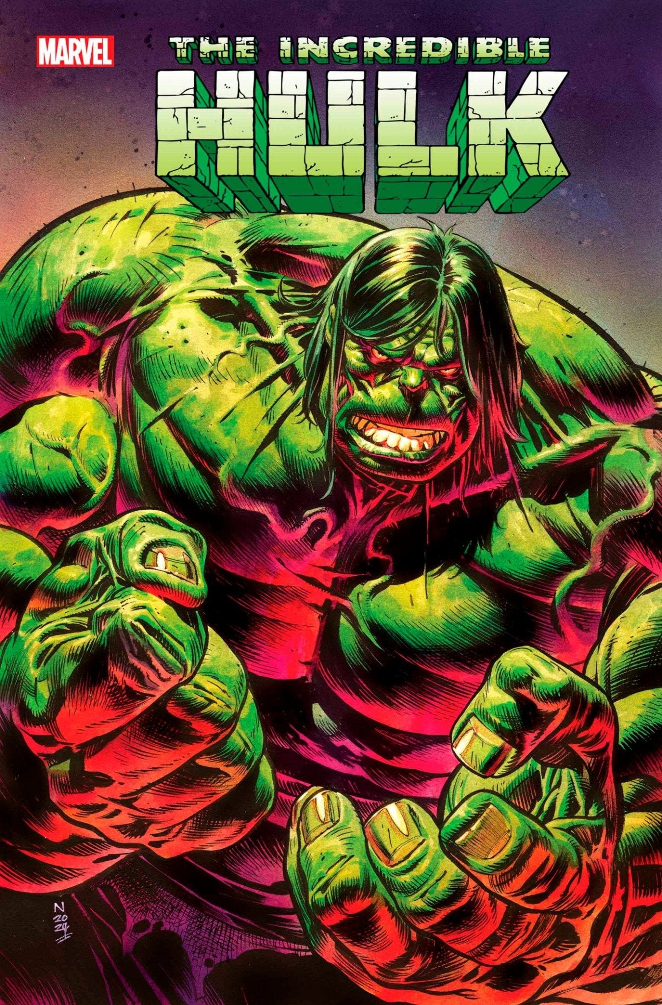 Comic book cover of The Incredible Hulk with a muscular green Hulk character with a red angry expression and green hair, fists clenched, in front of a textured green block letter logo against a purple background with "Marvel" in the upper left corner.