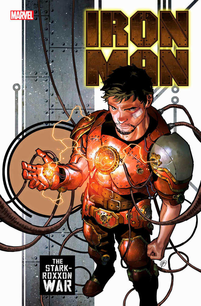 Comic book cover: Iron Man in steampunk-style armor, glowing hand, "The Stark-Roxxon War" text.