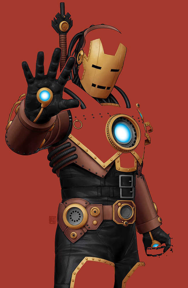 Steampunk Iron Man suit, red and gold armor, outstretched hand.
