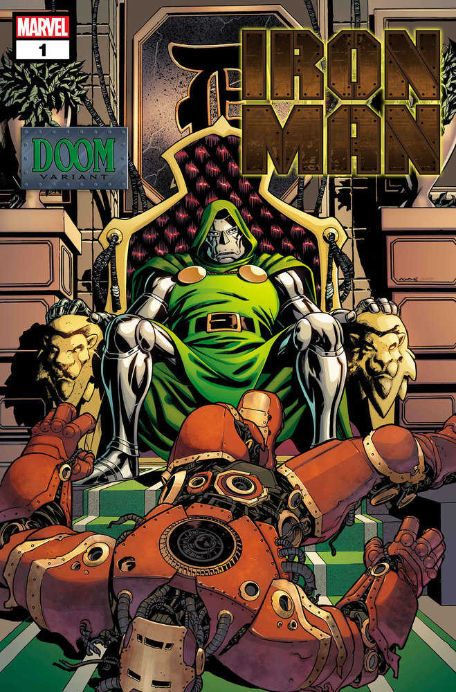 Comic book cover of "Iron Man" featuring Doctor Doom sitting on a throne with a defeated Iron Man lying at his feet. Doom wears a green cloak and a metal mask. Iron Man is in a steampunk-style suit. The cover has the "DOOM VARIANT" label and the "MARVEL" logo.