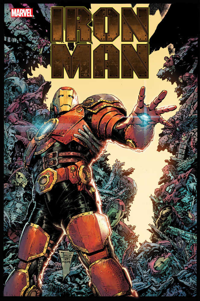 Comic book cover featuring Iron Man, with red and gold armor, standing among robot debris.