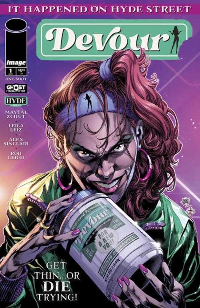 Comic book cover with a sinister woman holding a container of "Devour" weight loss supplement. The cover reads, "Get thin...or die trying!"