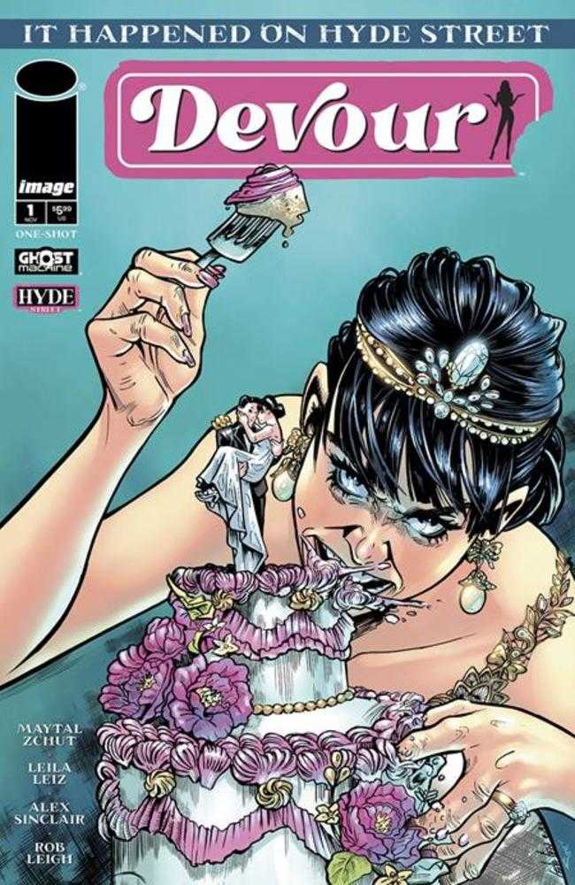A comic book cover of a raven-haired woman eating a wedding cake.