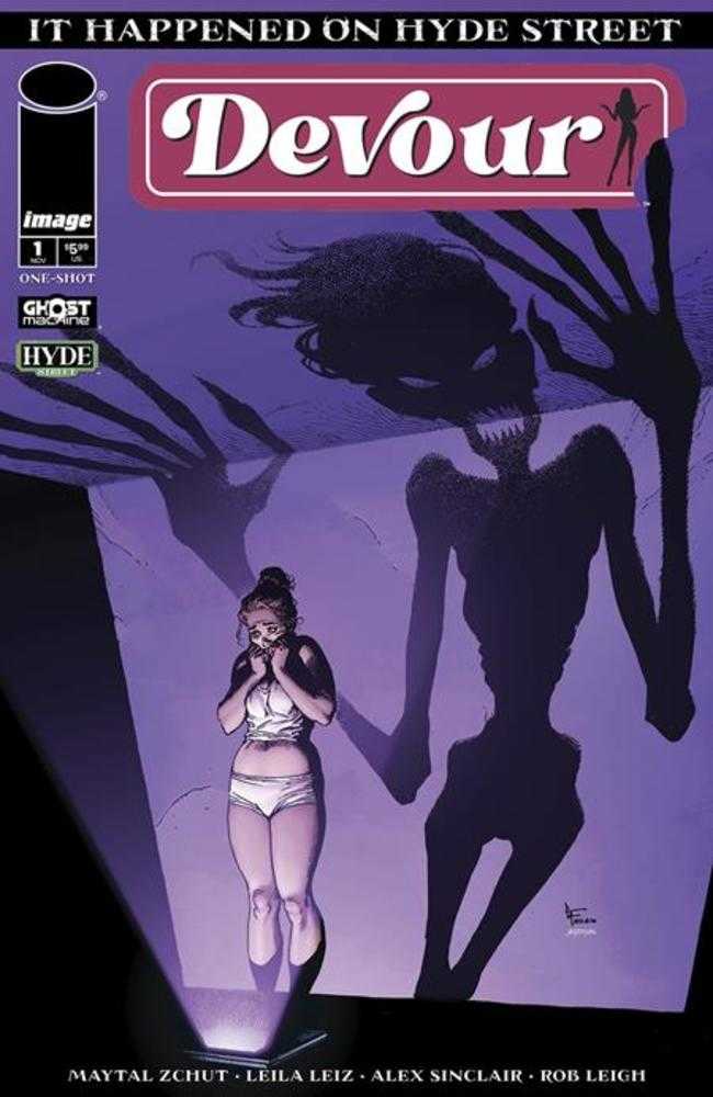 Comic book cover of "Devour" showing a woman in undergarments standing in front of a monstrous shadow figure.