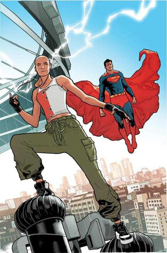 A comic book illustration features a bald woman in a white and red shirt with green pants and black gloves standing on a structure against a city backdrop, while Superman flies in the background with a red cape, all under a bright, lightning-filled sky.