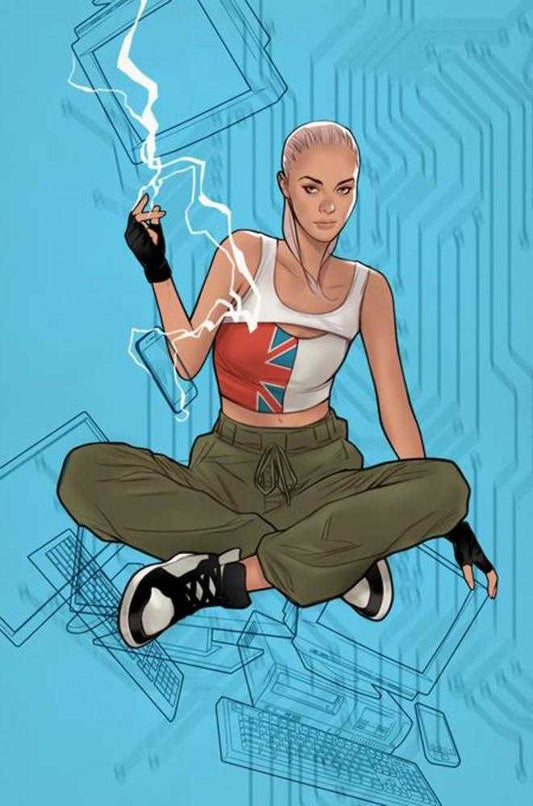 A woman with short, light hair sits cross-legged in olive green pants, a red and white tank top, and black and white sneakers against a blue background with computer schematics. She has a glove on one hand, and lightning is coming from her fingertips.