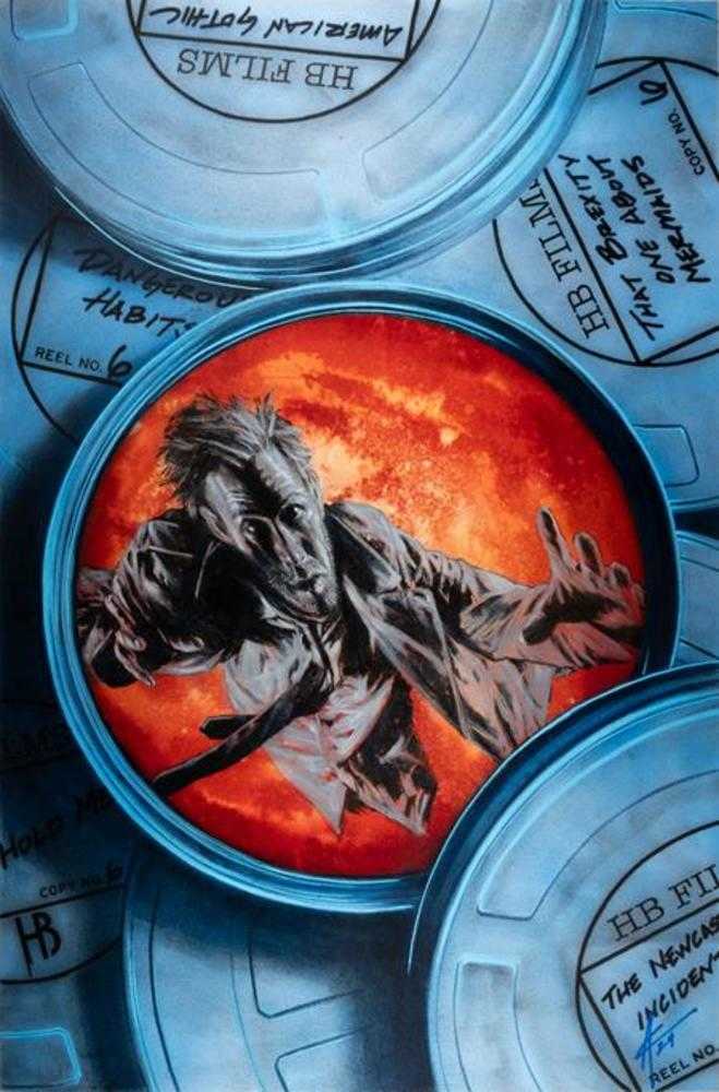 Stacked film reels featuring a drawing of John Constantine.