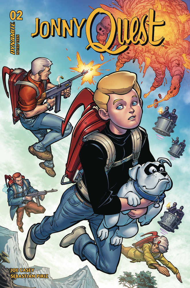 Jonny Quest comic book cover. Jonny holds a dog, while others fire weapons. Explosion in background.