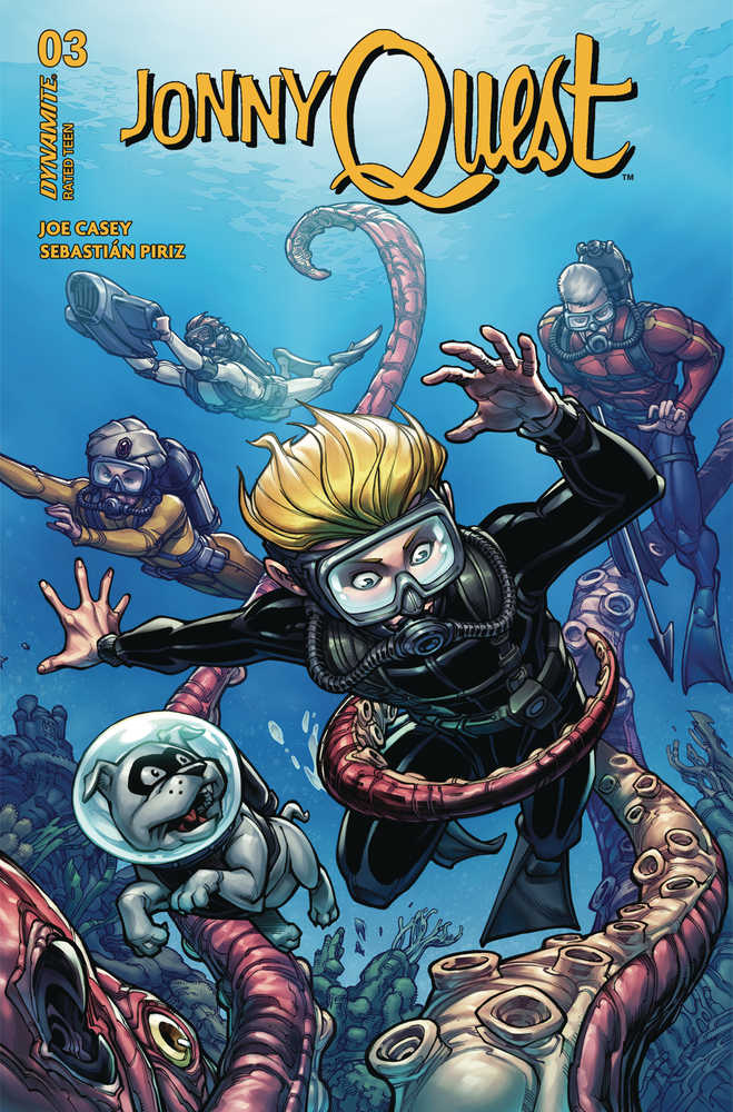 Comic book cover: Jonny Quest scuba diving, entangled in octopus tentacles, with divers and a dog in a helmet.