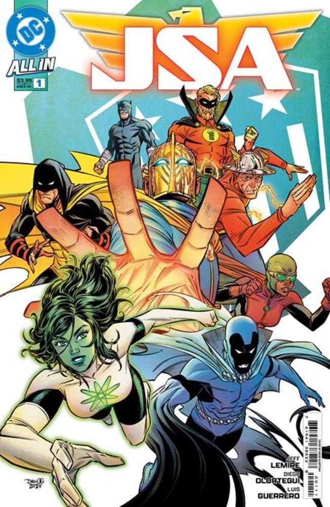 Comic book cover featuring a group of superheroes, including Dr. Fate, Green Lantern, and Hourman.