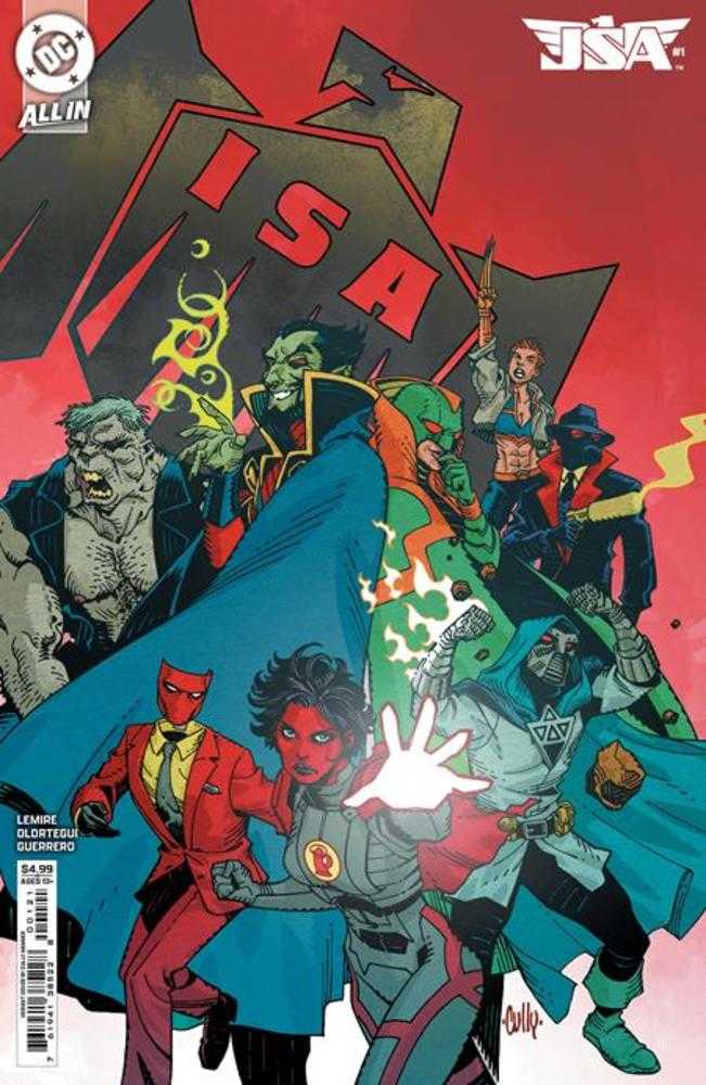 Comic book cover featuring characters from the Injustice Society of America (ISA). They include the Ultra Humanite, Brainwave, the Gentleman Ghost, a green-skinned man in an orange cape, a woman holding a knife, a man in a black mask and coat, a red-skinned woman with a white hand outstretched, a red-suited man with a mask, and a person in a blue cloak.