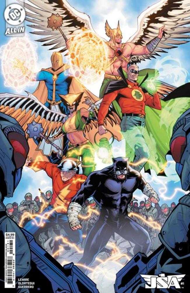 Comic book cover featuring superheroes, including Doctor Fate, Hawkman, Hawkgirl, Green Lantern, Flash, and Wildcat, against a military backdrop.