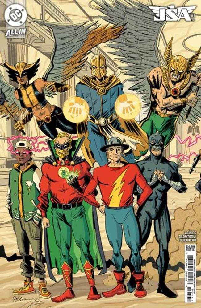 Comic book cover with superheroes Hawkman, Hawkgirl, Doctor Fate, Alan Scott, Jay Garrick, Wildcat, and Mister Terrific.