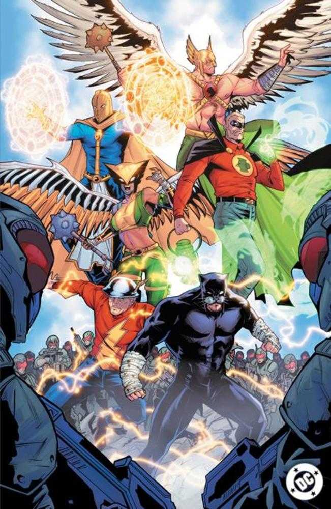 DC Comics heroes in action, including Dr. Fate, Hawkman, Hourman, Wildcat, and The Flash, surrounded by soldiers.