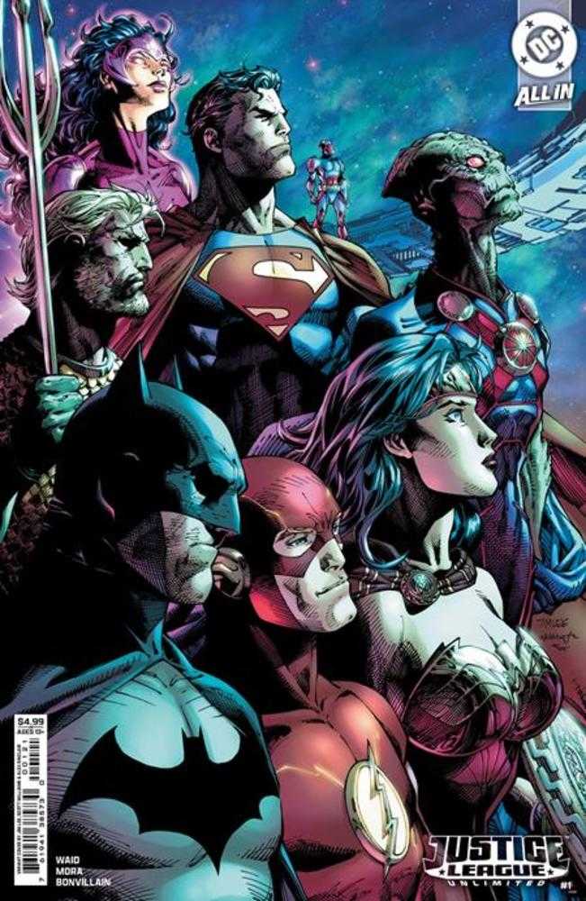 Comic book cover art featuring the Justice League looking upward. Superman, Batman, Wonder Woman, and the Flash are visible.