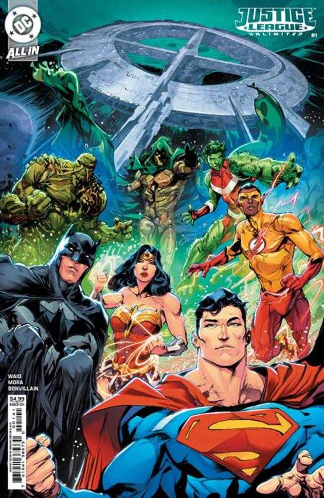 Comic book cover featuring the Justice League. Superman, Batman, and Wonder Woman are positioned in the foreground, while Swamp Thing, Doctor Fate, Beast Boy, and Kid Flash hover behind them. A large spaceship sits in the background.