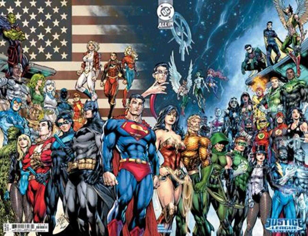 DC Comics "Justice League" superhero team in vibrant, dynamic poses against American flag and space backdrop. Superman, Batman, Wonder Woman prominently featured.