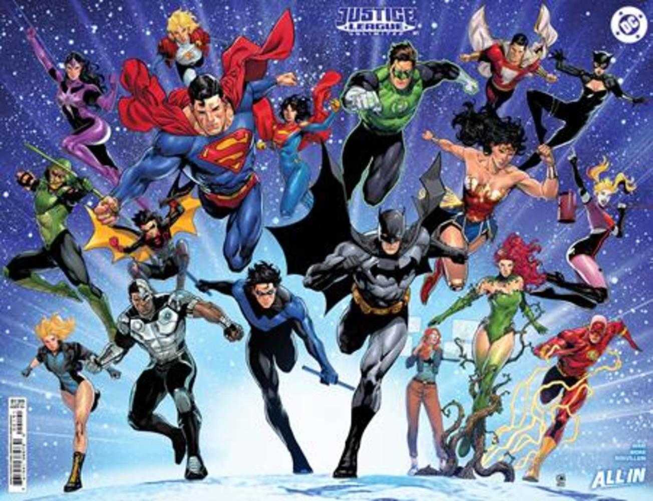 Comic book cover featuring a large group of DC heroes including Superman, Batman, Wonder Woman, and others in dynamic poses against a starry background.