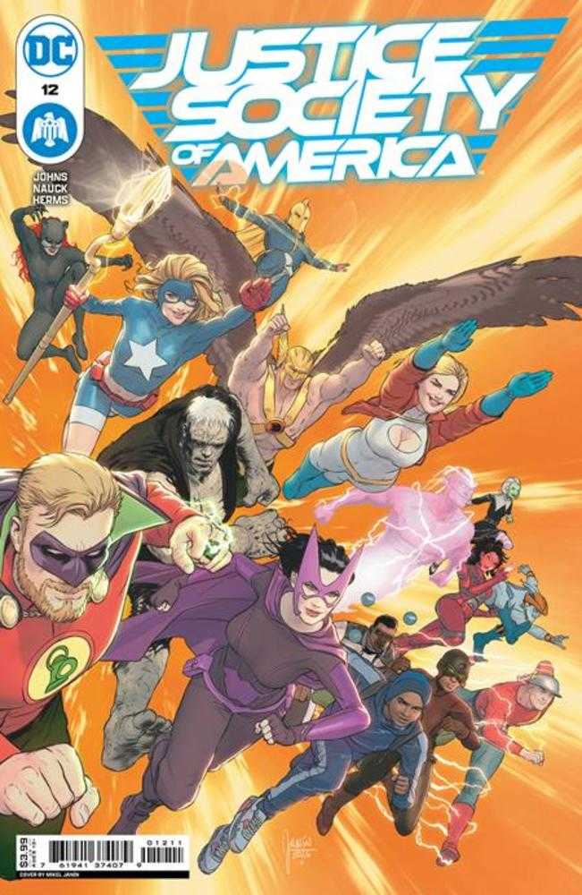 Comic book cover of Justice Society of America #12. Features superheroes in flight. Orange background.