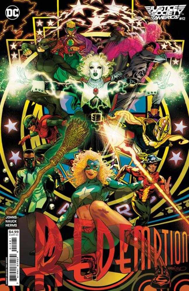 Comic book cover: "Justice Society of America #12" with superheroes in green, red, gold, and pink hues against a black and yellow backdrop. The word "Redemption" in large red font is in the foreground.