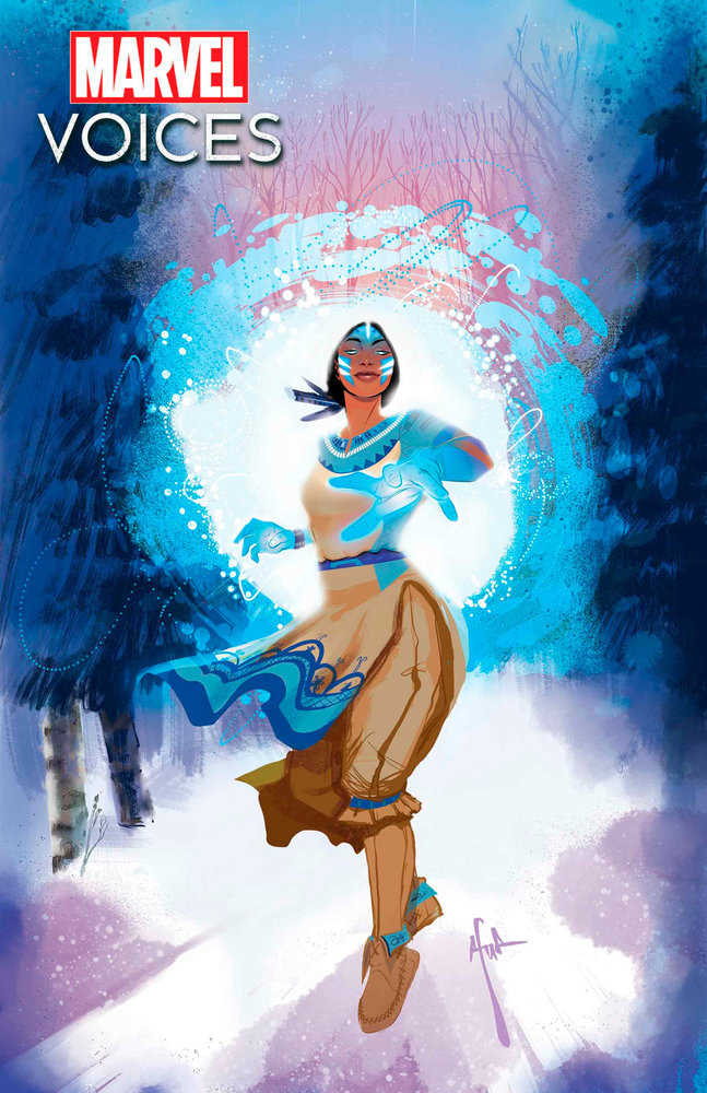Comic book cover: Marvel's Voices, featuring an Indigenous woman in moccasins and tan-and-blue dress, surrounded by blue energy, with winter forest backdrop.