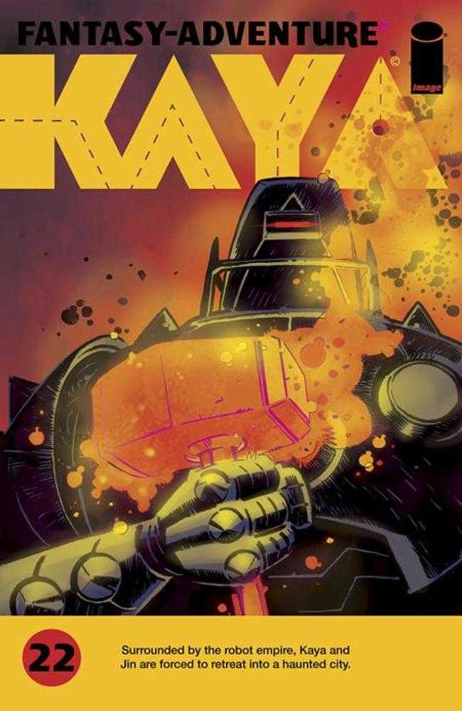 Comic book cover featuring a robot in shades of black and gray with an explosion on its chest, set against a reddish-orange background. The title "KAYA" is in large yellow letters across the top. The number 22 in a red circle and a brief plot summary are at the bottom on a yellow background.
