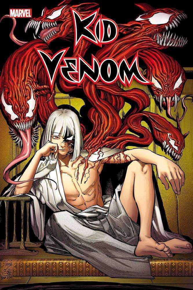 Comic book cover for "Kid Venom" with a white-haired character sitting with red, serpentine creatures.