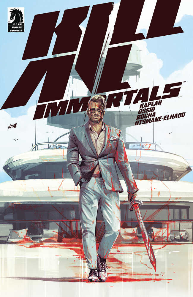 Comic book cover for "Kill Immortals #4," featuring a man in a light blue suit, covered in blood, holding a sword. The background shows a yacht with a sky background.