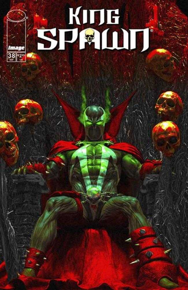 Comic book cover featuring Spawn as a king, seated on a throne surrounded by skulls. He is wearing a red cape, green and black costume.