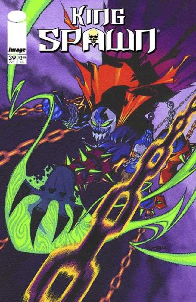 Comic book cover: King Spawn, purple, green, chains.
