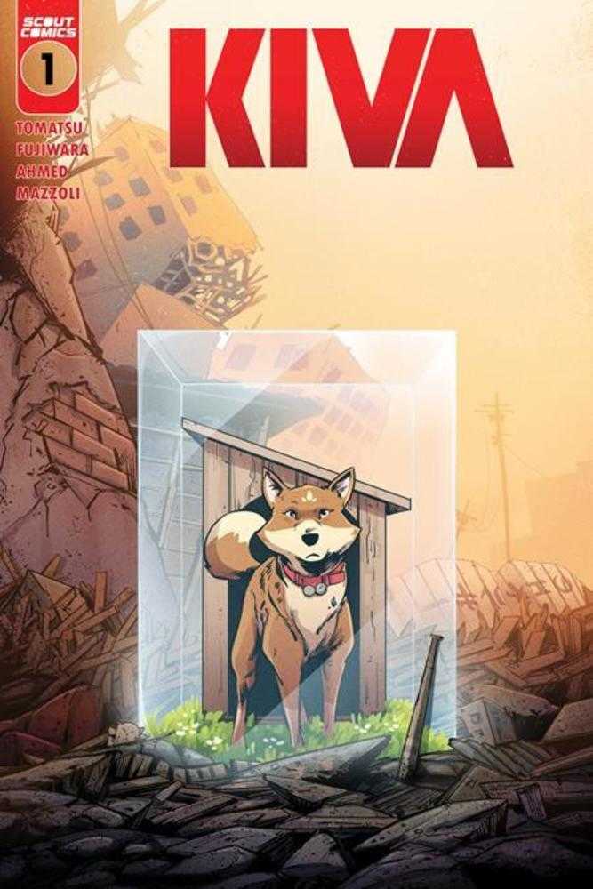 Comic book cover art featuring a dog in a dog house, encased in a glass cube amidst debris. The title "Kiva" is in bold red text above. 
