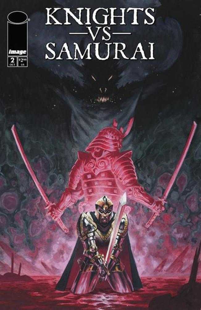 Comic book cover: "Knights vs. Samurai," featuring a knight kneeling with a sword, a larger samurai warrior behind him, and a shadowy monster in the background, all in red and black tones.