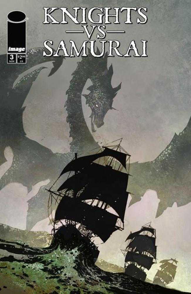 Comic book cover showing sailing ships in turbulent waters with a large dragon in the background, titled "Knights vs. Samurai."