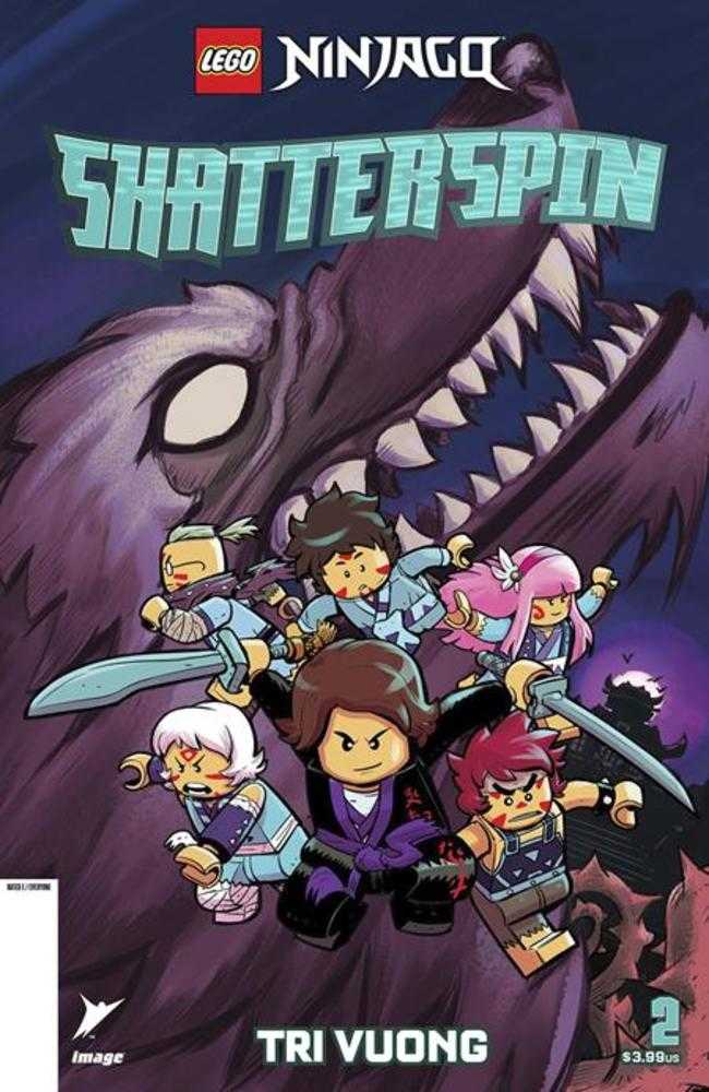Comic book cover featuring a large, purple wolf-like creature looming over five Lego ninja figures holding swords. The title "LEGO Ninjago Shatterspin" is displayed in bold, light green letters. The artist's name, "Tri Vuong," is printed at the bottom, and the logo for Image Comics is in the lower-left corner.