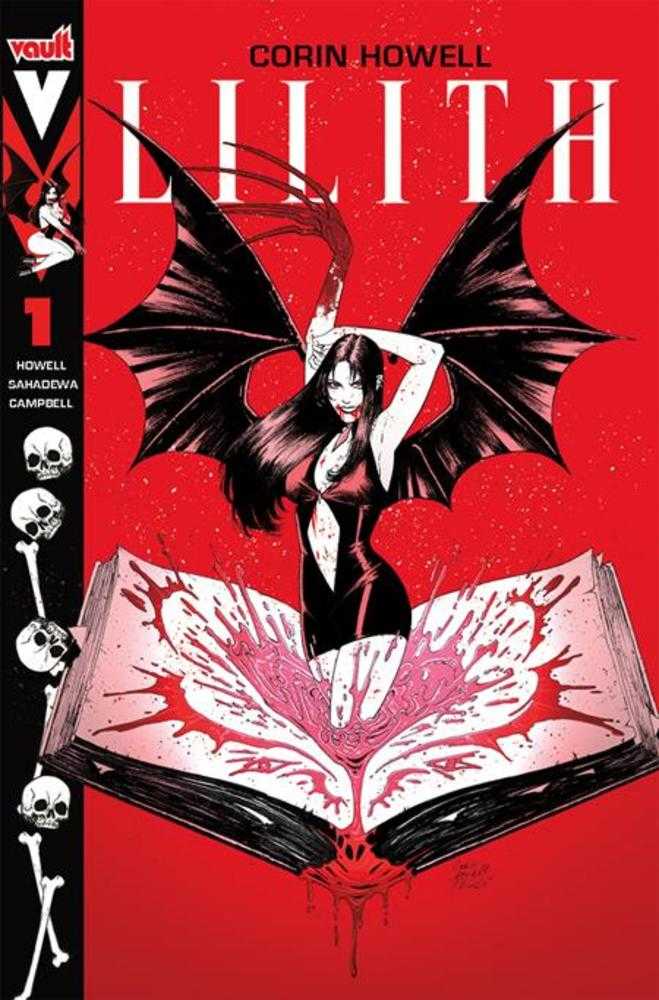 Comic book cover: "Lilith" features a female character with black wings emerging from an open book, blood-like spatter, and skull decoration. Red background, black outfit.