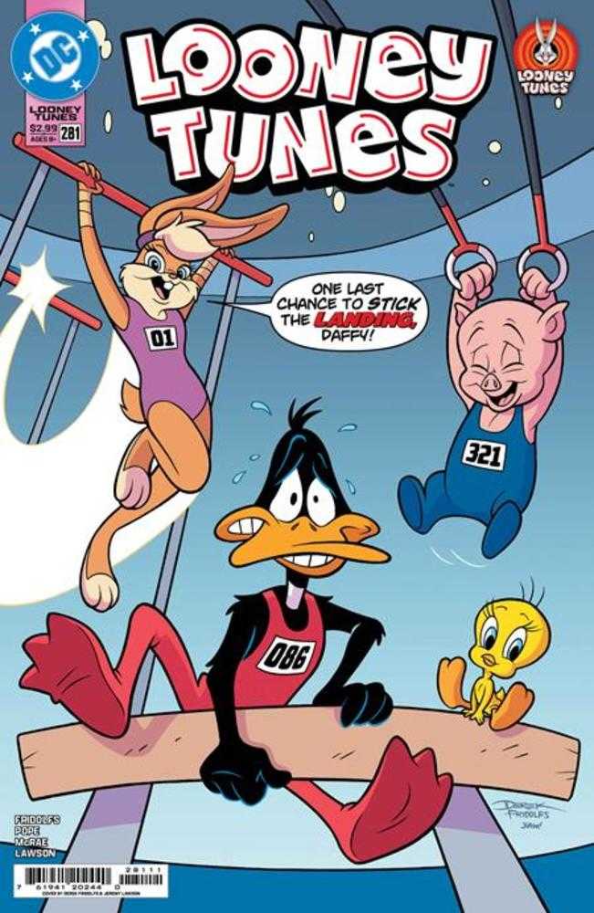 Comic book cover with Looney Tunes characters in a gymnastic setting.