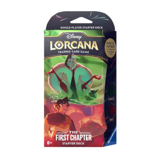 A Disney Lorcana trading card game starter deck featuring a drawing of Kuzco and Yzma.