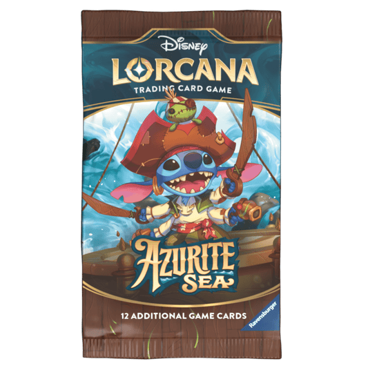 Disney Lorcana Azurite Sea trading card game packet featuring Stitch in a pirate outfit.