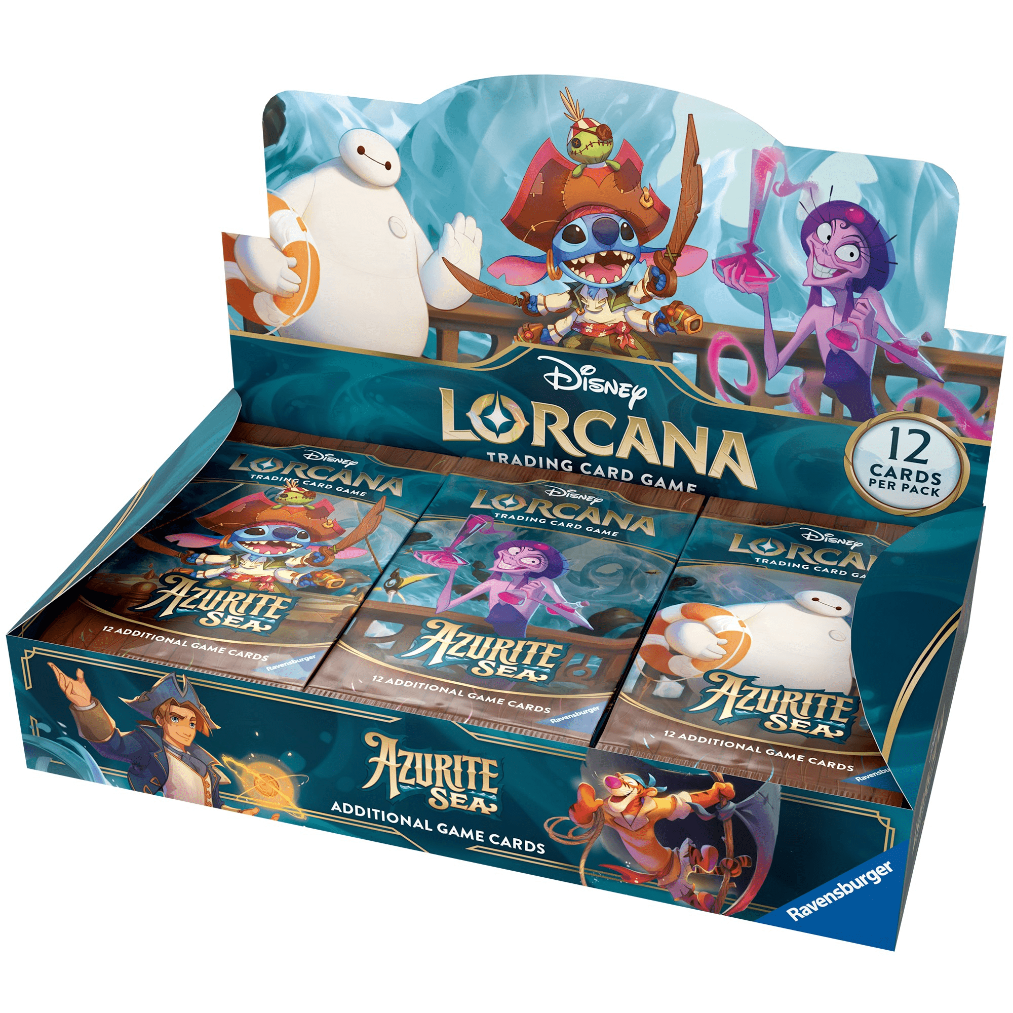 A box of "Disney Lorcana" trading cards with cartoon characters.
