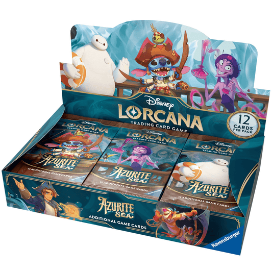 A box of "Disney Lorcana" trading cards with cartoon characters.
