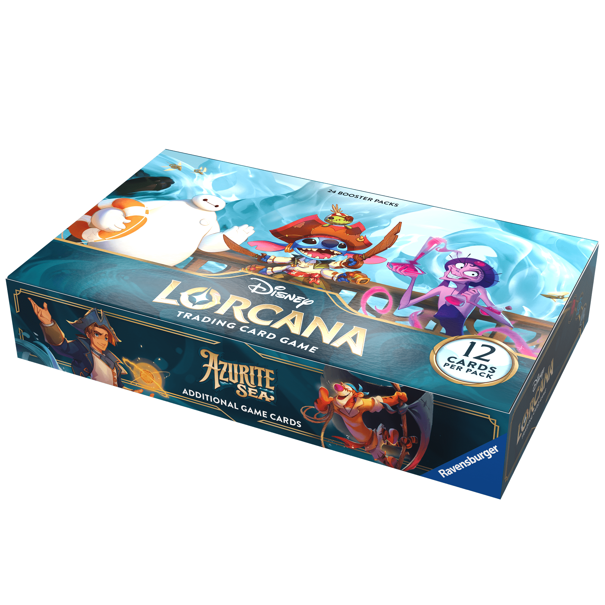 Disney Lorcana Azurite Sea trading card game booster box featuring various Disney characters.
