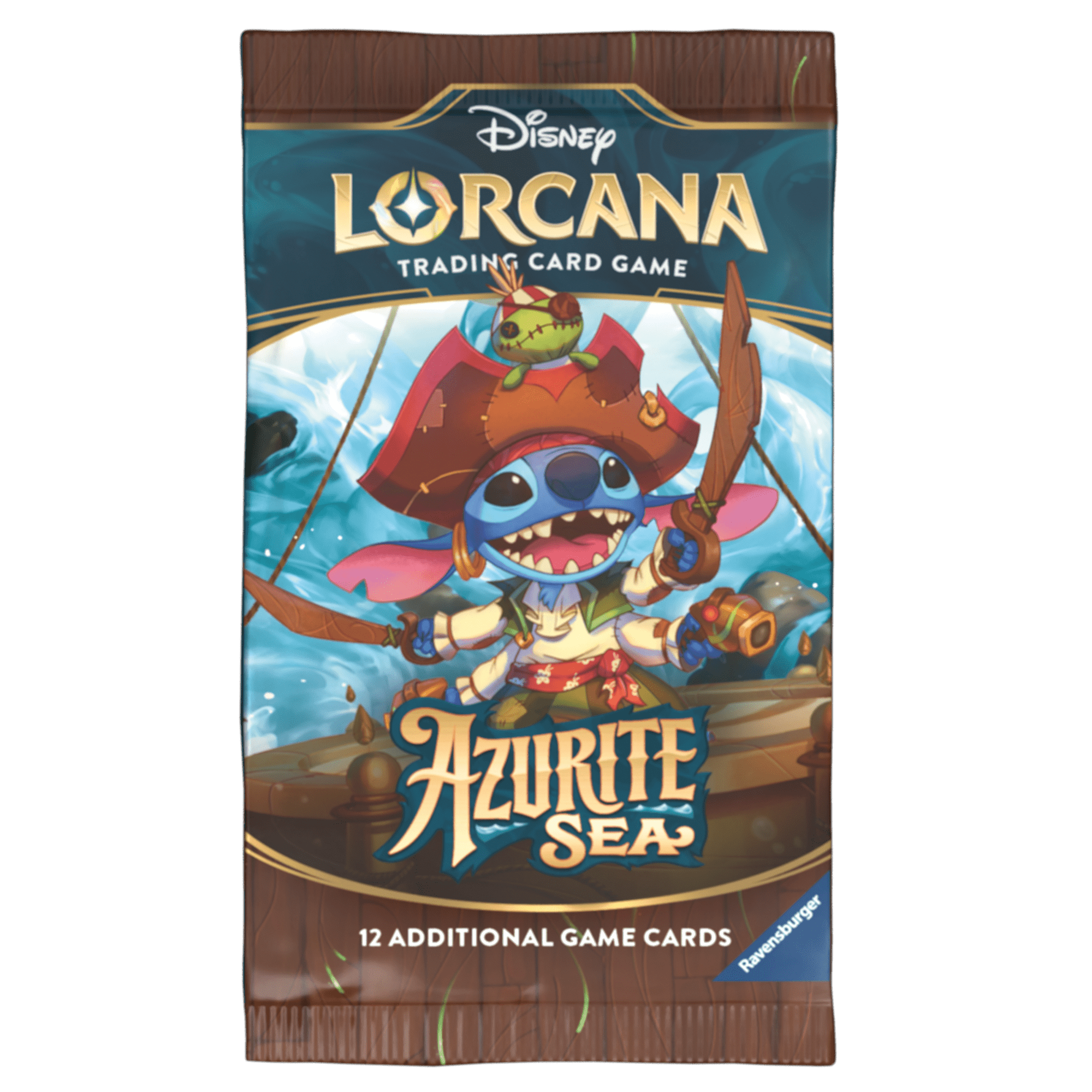 Disney Lorcana "Azurite Sea" Trading Card Game pack featuring Stitch dressed as a pirate on a ship.