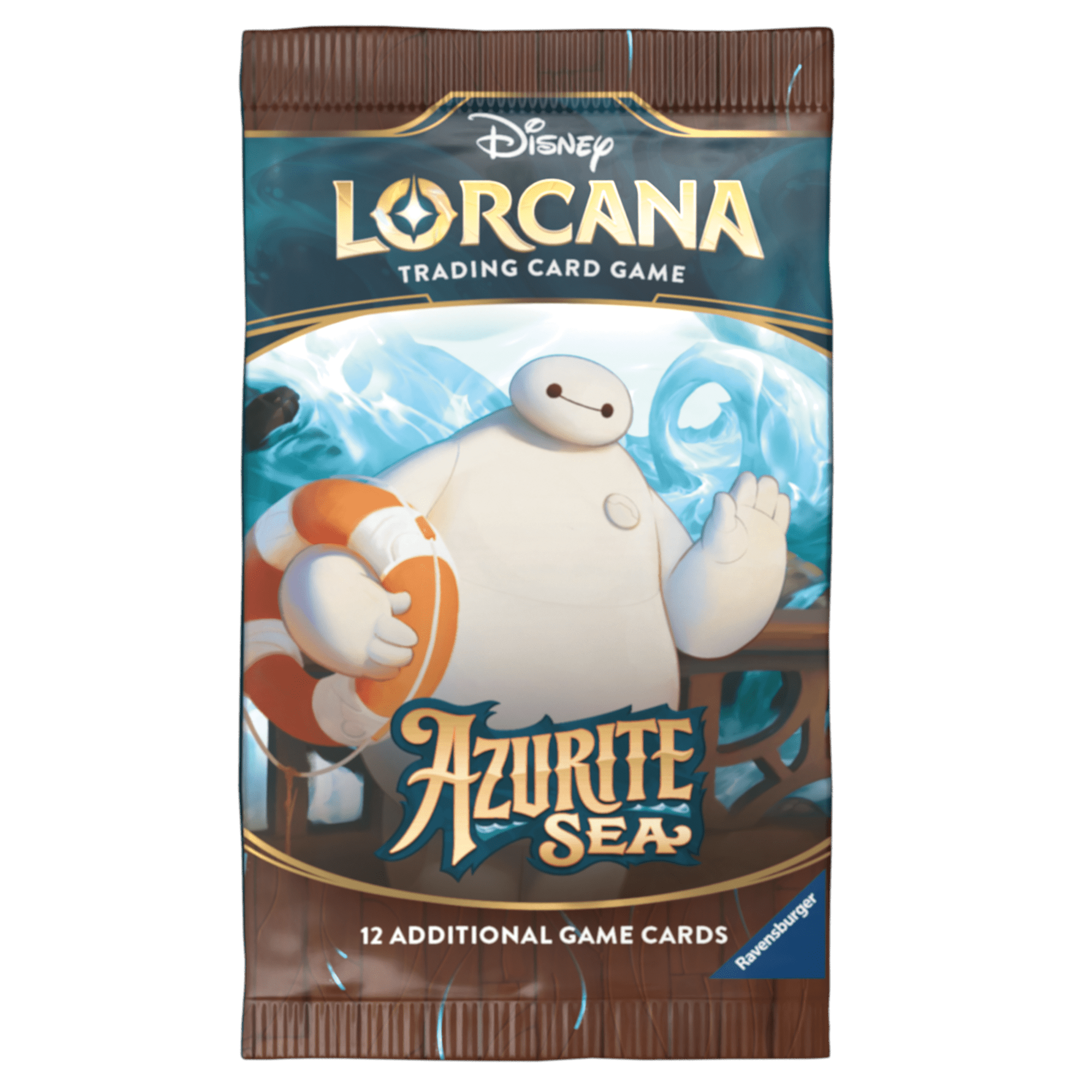 Disney Lorcana: Azurite Sea trading card pack with Baymax wearing a life preserver.