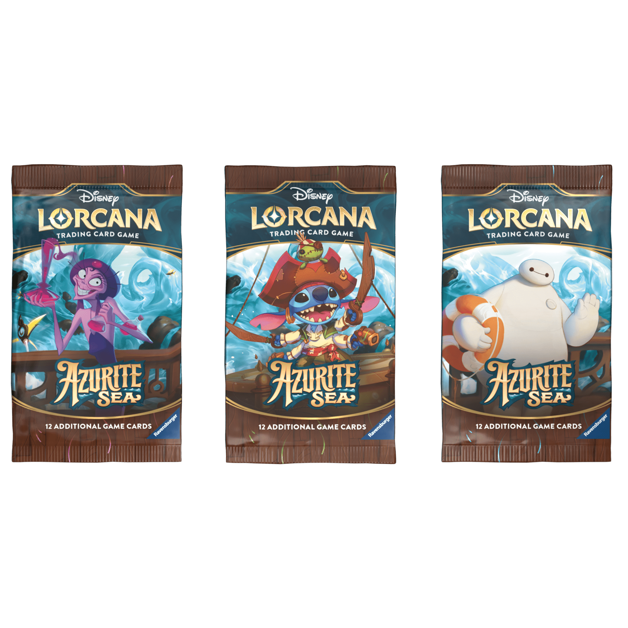 Three Disney Lorcana trading card packs of the "Azurite Sea" set. One featuring Yzma, another featuring Stitch, and the third with Baymax.
