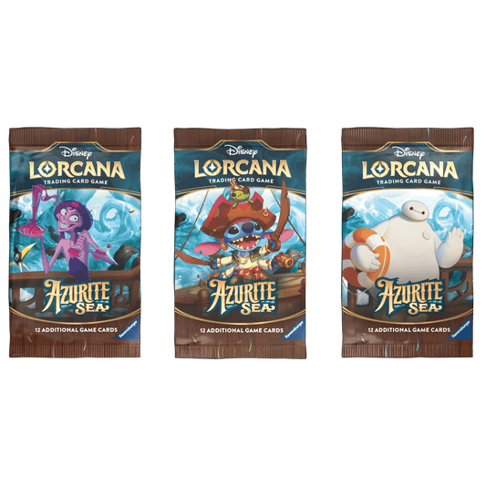 Three Disney Lorcana trading card packs of the "Azurite Sea" set. One featuring Yzma, another featuring Stitch, and the third with Baymax.
