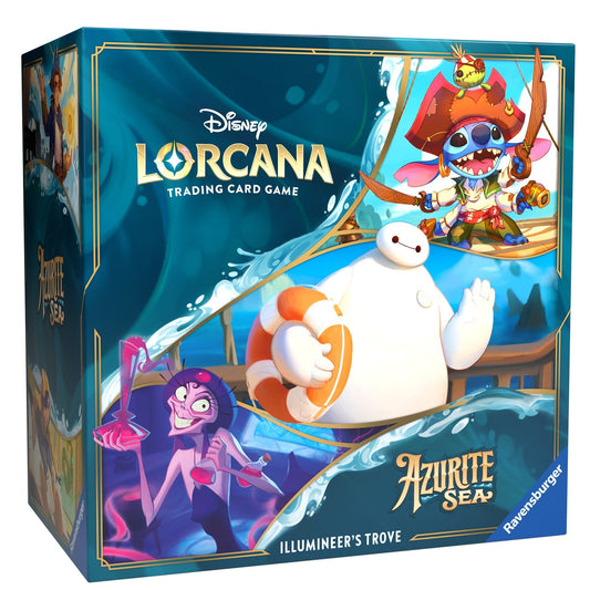 A Disney Lorcana trading card game box featuring Stitch, Baymax, and Yzma.
