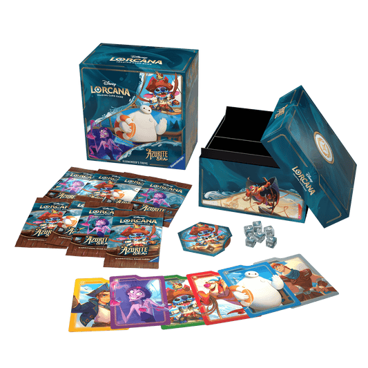 A Disney Lorcana Azurite Sea trading card game set with packs, cards, dice, and tokens.