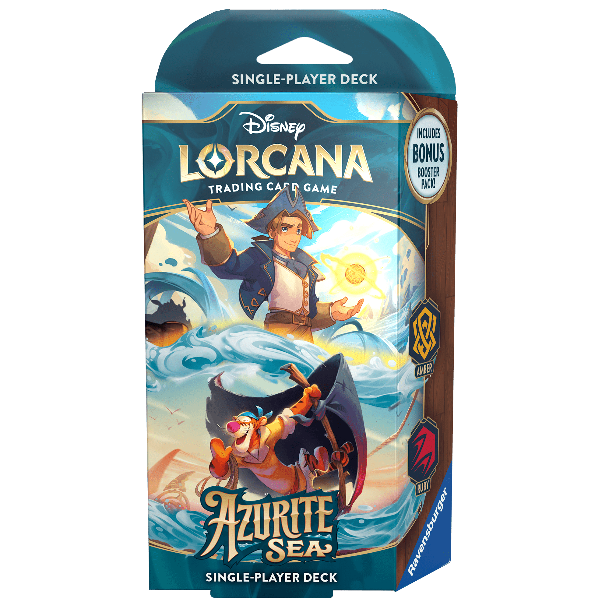 A close-up shot of Disney's Lorcana Trading Card Game "Azurite Sea" single-player deck, featuring characters, game logos, and branding elements.