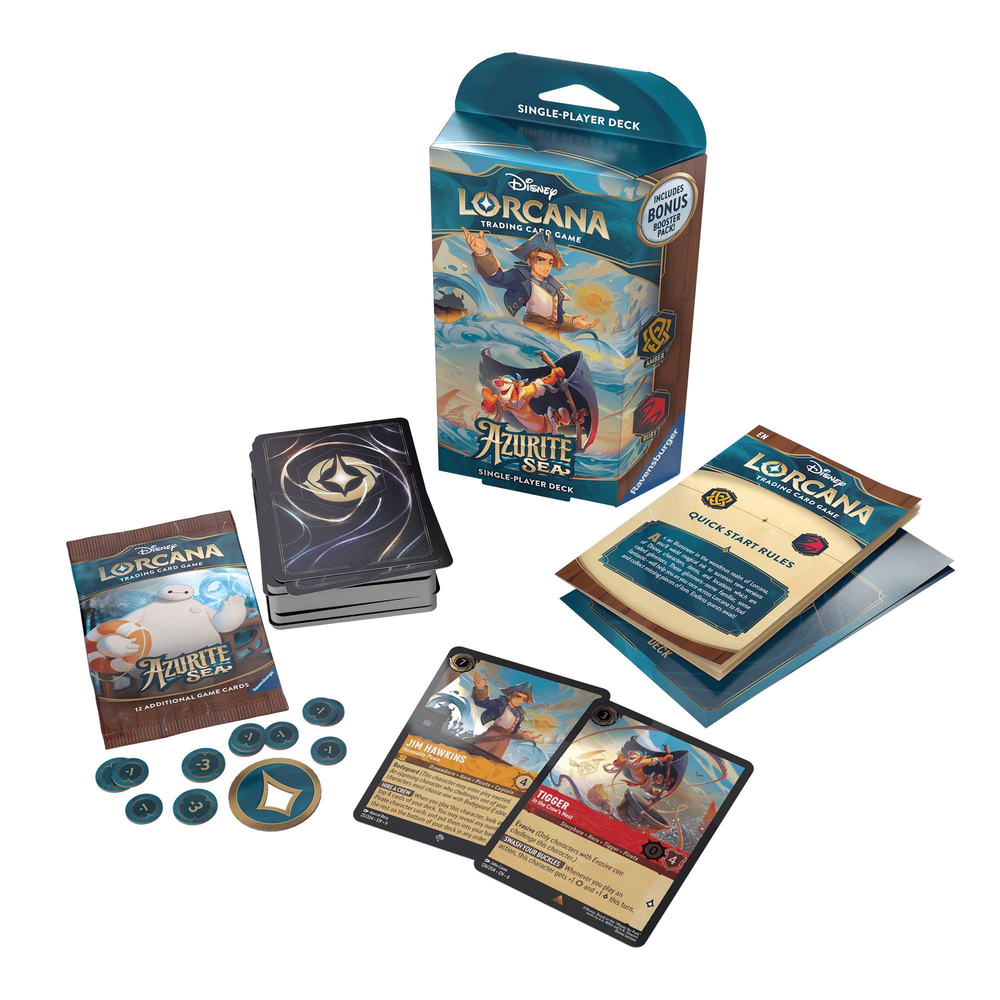 A still shot of Disney Lorcana Trading Card Game cards and accessories, including an Azurite Seas single-player deck, booster pack, rule book, play tokens, and character cards.